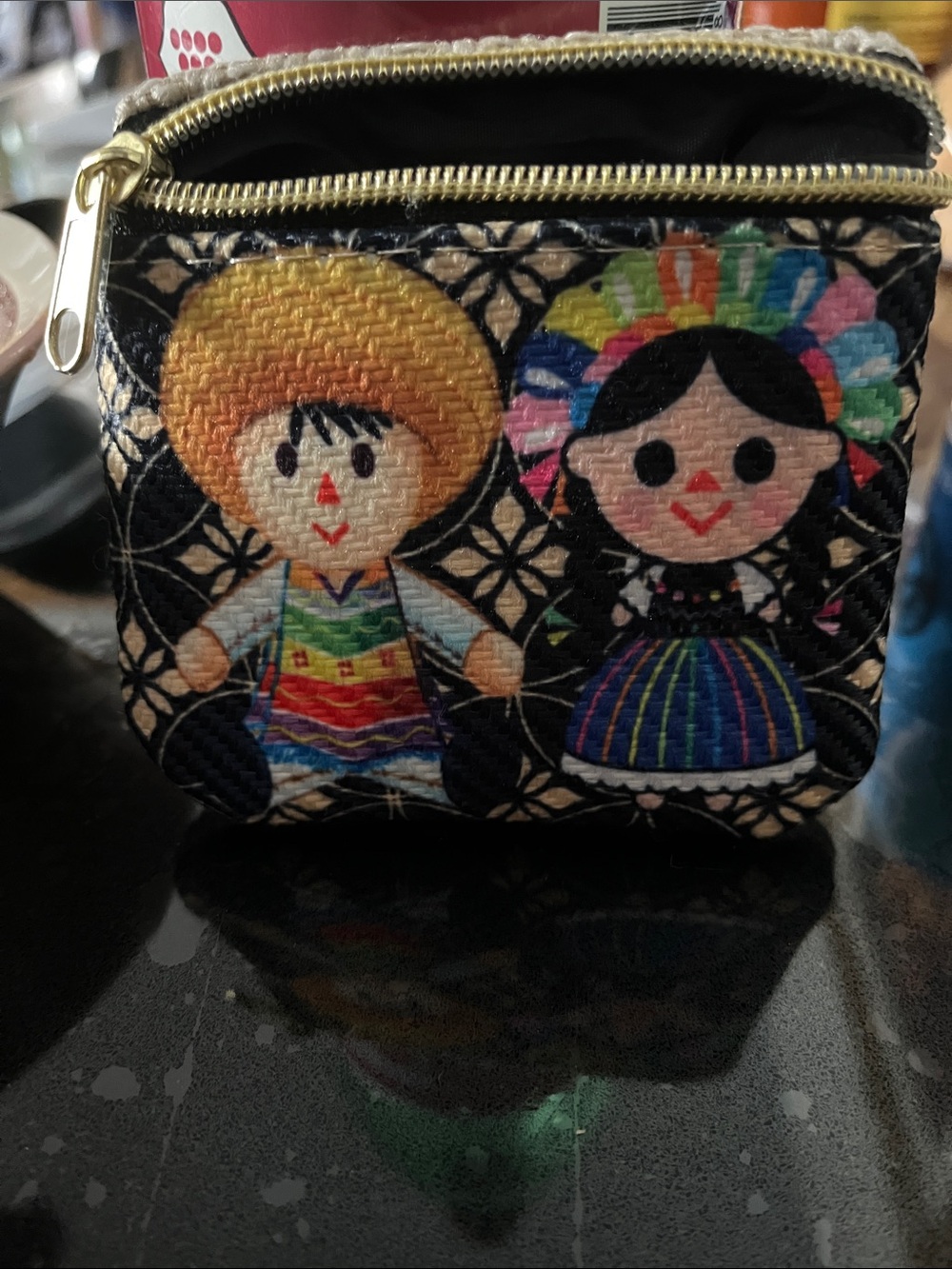 Embroidered Folk Doll Coin Purse with Gold Zipper